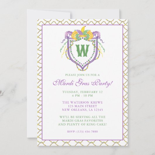 Watercolor Mardi Gras Monogram Crest Party Einladung (Vorderseite)