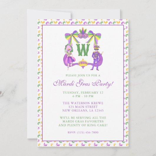 Watercolor Mardi Gras Monogram Crest Party Einladung (Vorderseite)