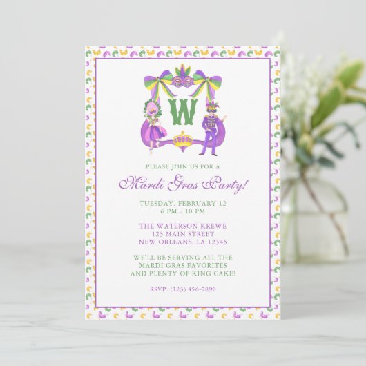 Watercolor Mardi Gras Monogram Crest Party Einladung (Stehend Vorderseite)