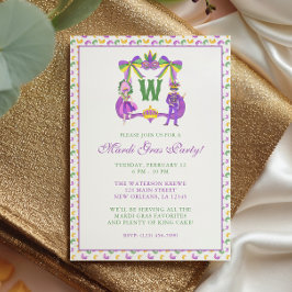 Watercolor Mardi Gras Monogram Crest Party Einladung