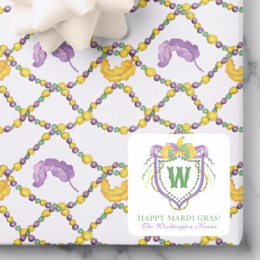 Watercolor Mardi Gras Monogram Crest Quadratischer Aufkleber