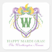 Watercolor Mardi Gras Monogram Crest Quadratischer Aufkleber (Vorderseite)