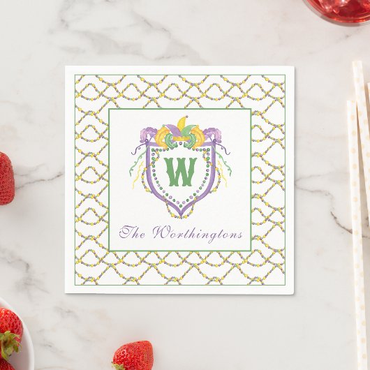 Watercolor Mardi Gras Monogram Crest Serviette