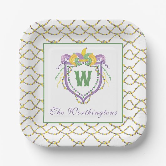 Watercolor Mardi Gras Monogrammwappen Pappteller