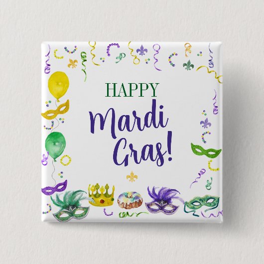 Watercolor Mardi Gras Objects Party Button (Vorderseite)
