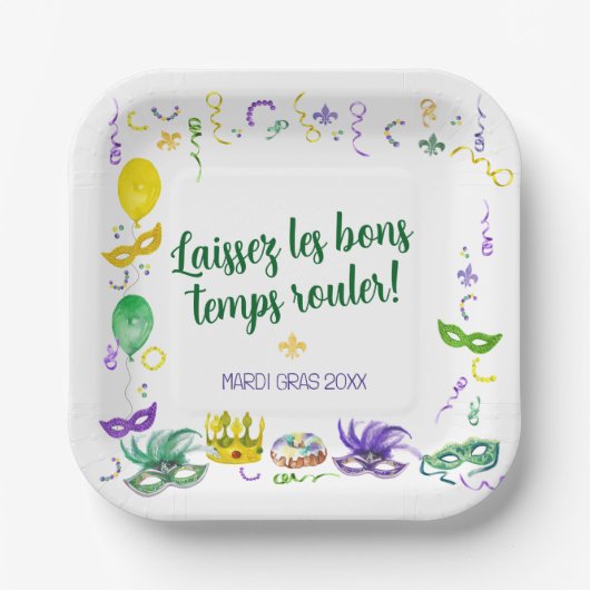 Watercolor Mardi Gras Objects Party Pappteller (Vorderseite)