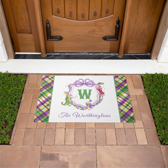 Watercolor Mardi Gras Plaid Animals Monogram Crest Fußmatte (Außenbereich)