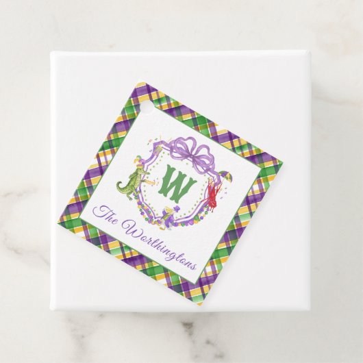 Watercolor Mardi Gras Plaid Animals Monogram Crest Geschenkanhänger (Beispiel)