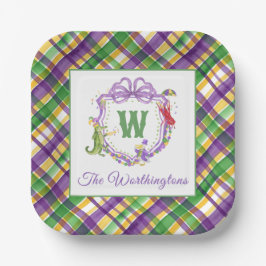 Watercolor Mardi Gras Plaid Animals Monogram Crest Pappteller