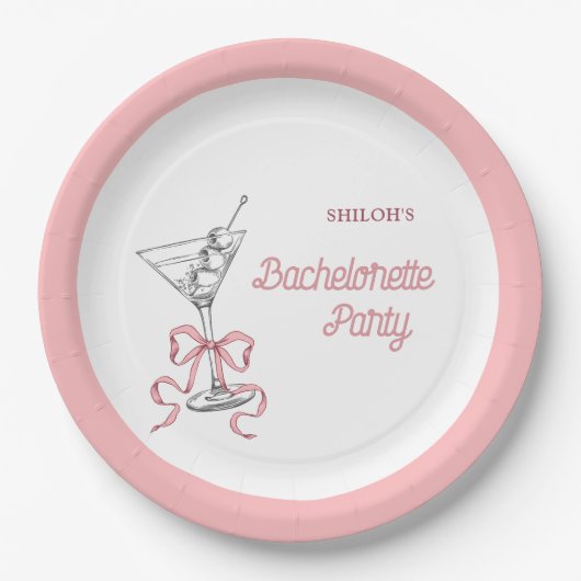 Watercolor Martini Pink Bow Bachelorette Party Pappteller (Vorderseite)