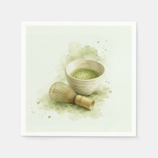 Watercolor-Matcha-Schale und Bambus-Quirl Sage-Grü Serviette