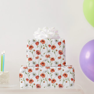 Watercolor Meadow Poppies And White Wildflowers Geschenkpapier