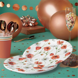 Watercolor Meadow Poppies And White Wildflowers Pappteller