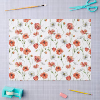 Watercolor Meadow Poppies And White Wildflowers Seidenpapier