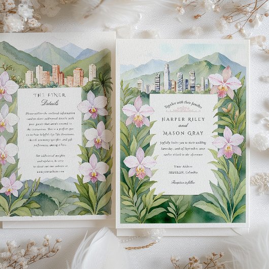 Watercolor Medellín Colombia Orchids Wedding Einladung