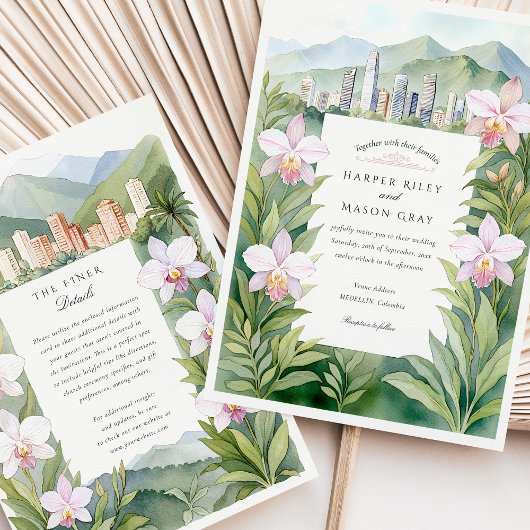 Watercolor Medellín Colombia Orchids Wedding Einladung