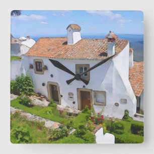 Watercolor Mediterranean house Quadratische Wanduhr