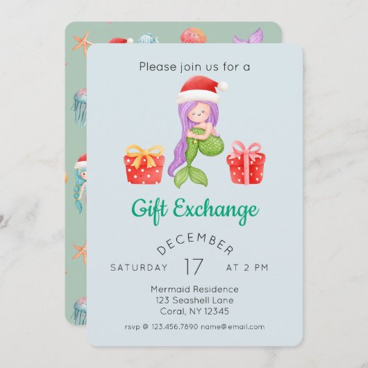 Watercolor Meerjungfrau Weihnachtsgeschenk Austaus Einladung (Vorne/Hinten)