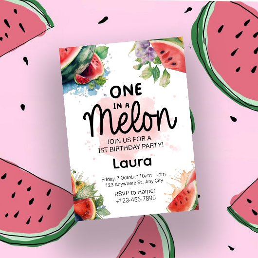 Watercolor melon - 1st Birthday Party Invitation Einladung