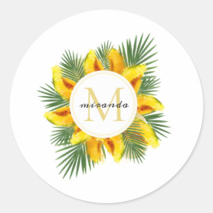 Watercolor Melon Tropical Blätter Wreath Monogram Runder Aufkleber