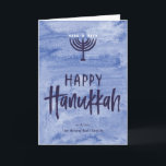Watercolor Menorah Folded Hanukkah Card Feiertagskarte<br><div class="desc">A wash of watery blue serves as a subtle backdrop for this textured menorah illustration and inky, hand-lettered Happy Hanukkah text. Don't forget to personalize the front with your name text. Add a personal touch to the inside of this folded card with the "customize it" options and change everything from...</div>
