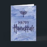 Watercolor Menorah Folded Hanukkah Card Feiertagskarte<br><div class="desc">A wash of watery blue serves as a subtle backdrop for this textured menorah illustration and inky, hand-lettered Happy Hanukkah text. Don't forget to personalize the front with your name text. Add a personal touch to the inside of this folded card with the "customize it" options and change everything from...</div>