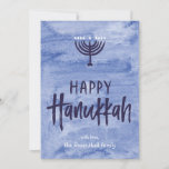 Watercolor Menorah Hanukkah Flat Photo Card Feiertagskarte<br><div class="desc">A wash of watery blue serves as a subtle backdrop for a textured menorah illustration and inky, hand-lettered Happy Hanukkah text. Don't forget to personalize this two-photo holiday card with your own photos and name text. Add your own special touch with the "customize it" options and change everything from the...</div>