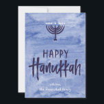 Watercolor Menorah Hanukkah Flat Photo Card Feiertagskarte<br><div class="desc">A wash of watery blue serves as a subtle backdrop for a textured menorah illustration and inky, hand-lettered Happy Hanukkah text. Don't forget to personalize this two-photo holiday card with your own photos and name text. Add your own special touch with the "customize it" options and change everything from the...</div>