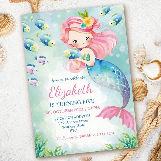 Watercolor Mermaid Birthday Einladung