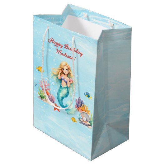 Watercolor Mermaid Birthday Mittlere Geschenktüte (Rückseite Schrägansicht)