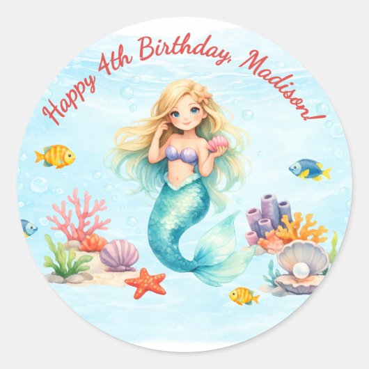 Watercolor Mermaid Birthday Runder Aufkleber (Vorderseite)