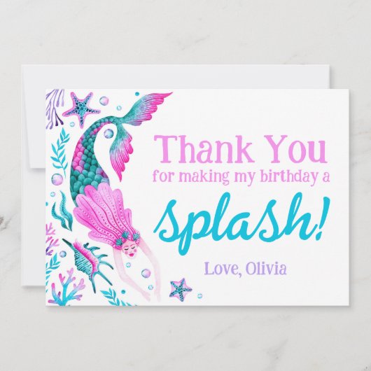 Watercolor Mermaid Birthday Vielen Dank Dankeskarte (Vorderseite)