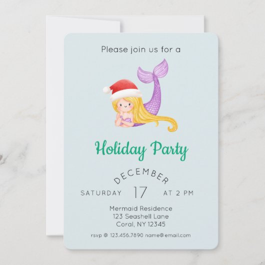 Watercolor Mermaid Holiday Party Einladung (Vorderseite)