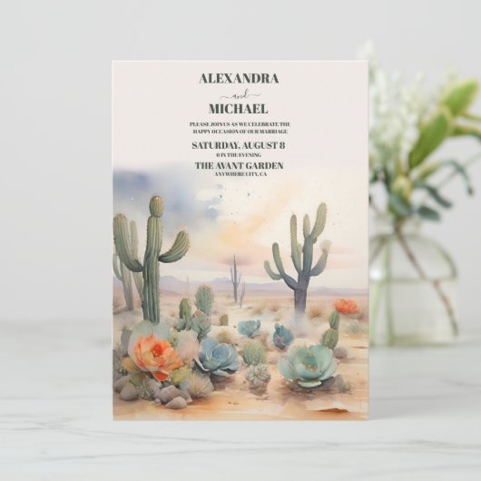 Watercolor Mexican Cactus Wüstenhochzeit Einladung (Stehend Vorderseite)