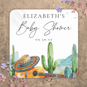 Watercolor-Mexikanische-Fiesta-Kaktus-Baby-Party-G Quadratischer Aufkleber