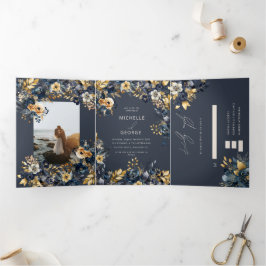 Watercolor Midnight Blue Gold Floral Dreifach Gefaltete Einladung