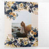 Watercolor Midnight Blue Gold Floral Dreifach Gefaltete Einladung (Innen Erste Seite)