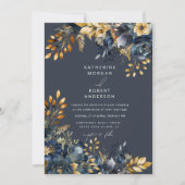 Watercolor Midnight Blue Gold Floral Wedding Einladung (Vorderseite)
