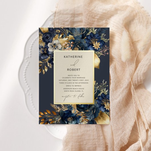 Watercolor Midnight Blue Gold Floral Wedding Folieneinladung