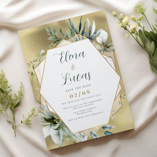 Watercolor mint gold foliage geometric wedding einladung