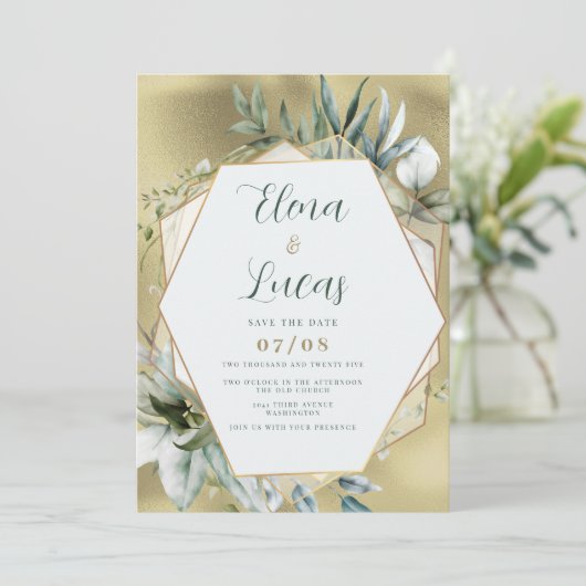 Watercolor mint gold foliage geometric wedding einladung (Stehend Vorderseite)