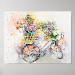 Watercolor-Mischungs-Medien Fahrrad u. Blumen 1 Poster