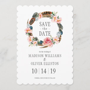 Watercolor mit Blumen mit Federn Save the Date