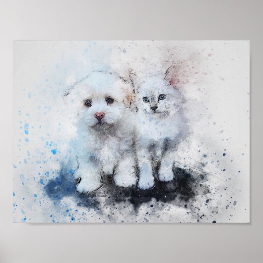 Watercolor Mix Media Kitten & Puppy Buddies Poster (Vorne)