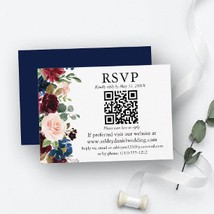 Watercolor Mixed Floral Blue QR RSVP Wedding Begleitkarte