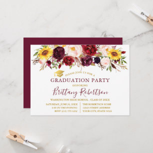 Watercolor Mixed Floral Burgundy Graduation Party Einladung