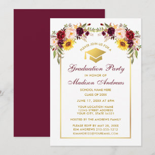 Watercolor Mixed Floral Gold Graduation Party Einladung