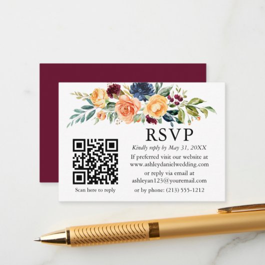 Watercolor Mixed Floral QR Wedding RSVP Begleitkarte (Vorderseite/Rückseite Beispiel)