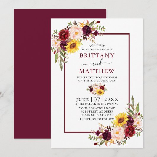 Watercolor Mixed Floral Wedding Burgundy Frame Einladung (Vorne/Hinten)
