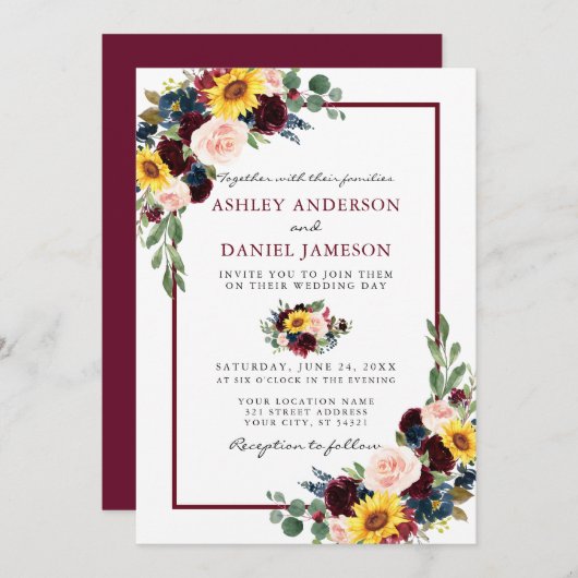 Watercolor Mixed Floral Wedding Burgundy Frame Einladung (Vorne/Hinten)